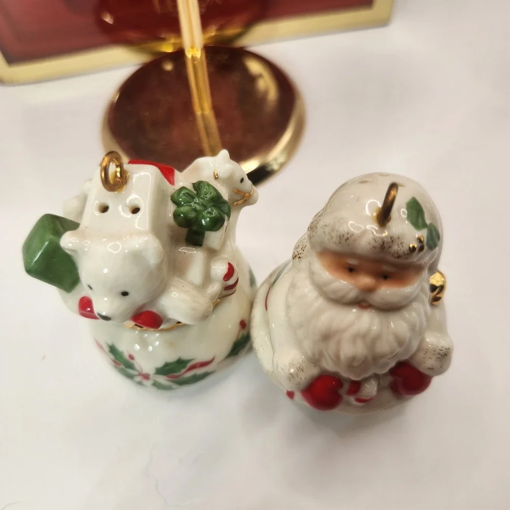 Lenox Santa and Bear Salt and Pepper Shakers with Gold Stand Holiday Set 3pc